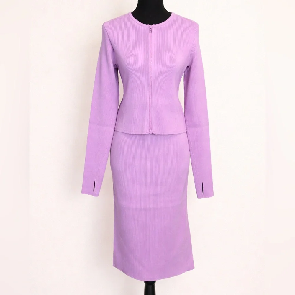 GSTQ Lilac Ribbed Knit Skirt Set Quiet Luxury NWT M/L